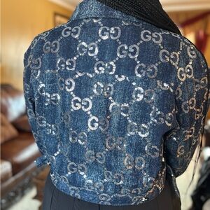 GG STYLE BLUE JEAN Jacket with Metallic Silver GG Pattern